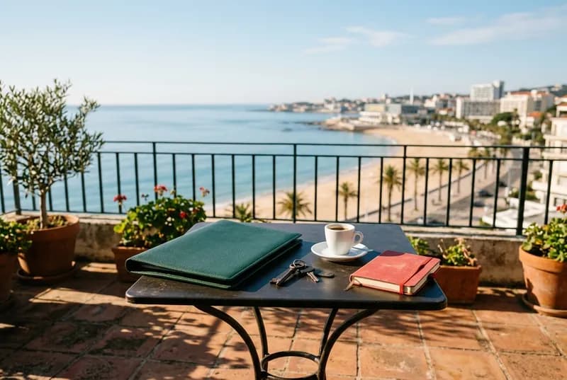 Luz da manhã sobre uma mesa com uma pasta, um molho de chaves e um café perto da costa do Estoril